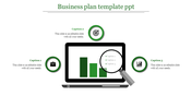 Business plan slide with a central laptop displaying a bar chart, surrounded by three green icons connected to captions.