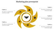 Marketing plan PowerPoint slide with five sections represented by colorful icons and captions for each step.