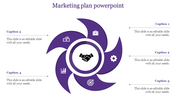 Purple swirl design with central handshake icon, surrounded by five business symbols and captions on both sides.