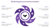 Marketing template featuring rotating purple petals with business symbols around partnership emblem with caption areas.