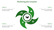 Green pinwheel design with four blades surrounding a central handshake symbol, each featuring distinct icons.