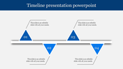 Timeline presentation template featuring blue triangular milestones with placeholder text.