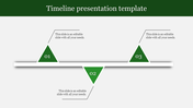 Timeline presentation template featuring green triangular milestones with placeholder text.