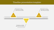 Timeline slide with three yellow triangles placed on a horizontal bar, each linked to captions for clarity.
