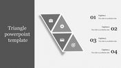 Gray triangle segments with icons, text descriptions numbered 01 to 04 on the right, and a title on the left panel.
