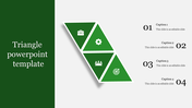 Diagonal triangular infographic with four green segments, each containing an icon, aligned with numbered captions areas.