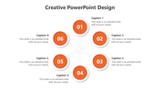 Creative design with six numbered circles arranged in a central hub-and-spoke layout, each with a caption areas.