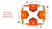 A creative PowerPoint layout for education, showcasing four orange segments with captions and related icons.