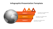 Monochrome globe illustration connected to three yellow orange segments, with corresponding triangular symbols.