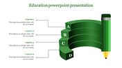 Education PowerPoint presentation slide featuring a green pencil and curved blocks with caption slots.