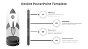 Rocket themed infographic in grayscale with four numbered steps connected to a progress bar and a rocket illustration.