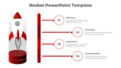 Rocket-themed slide highlighting efficiency, innovation, exploration, and communication with a red design element.