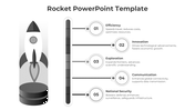 Rocket PowerPoint template with icons and text for efficiency, innovation, exploration, communication, and national security.