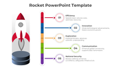 A rocket illustration with five horizontal bars in multi colour, each labeled with a number and a category.
