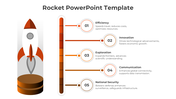 Orange rocket on the left with five numbered step in circles connected to descriptions by horizontal lines.