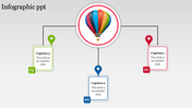 Infographic PPT slide with a colorful hot air balloon in the center, connected to three captions with placeholder text.