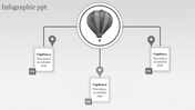 Minimalist grayscale infographic with a floating balloon icon and three numbered location markers linking to caption areas.