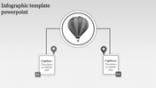Infographic PPT slide with a central gray hot air balloon connected to two captions with placeholder text.