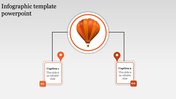 Infographic template featuring an orange hot air balloon, branching into two labeled text boxes with location pins.