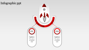 Rocket themed infographic slide with two red and white numbered captions connected to a central rocket design.