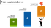 Three vertical blocks in green, blue, and orange featuring icons and a trophy representation.