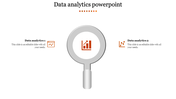 Data analytics template with a magnifying glass in the center and two orange icons arranged on both sides.