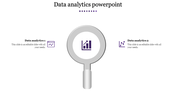 Data analytics PowerPoint template featuring two sections with icons for web data and charts, under a magnifying glass.
