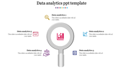 Infographic with a magnifying glass focusing on a pink chart, surrounded by five colorful icons for data analytics topics.