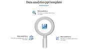 Data analytics PPT slide featuring three sections with icons for analysis, charts, and data trends, under a magnifying glass.