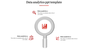 Infographic showing a magnifying glass surrounded by three red data analytics icons and captions areas.