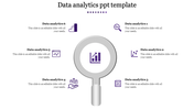 Data analytics template with a magnifying glass in the center and six purple icons arranged around it.