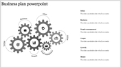 Business plan template featuring gray gears connected by dashed arrows, each gear with relevant icons.