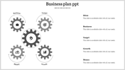A gray themed PowerPoint template with gear icons representing Business, Target, Growth, Money, and Ideas.