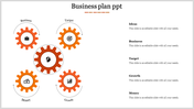 Business plan template with five interconnected orange gears representing key business elements.