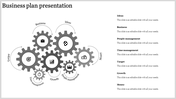 Seven gray interconnected gear icons with business related symbols, paired with labeled captions on the right.