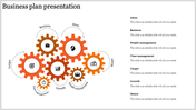 Business plan PowerPoint template with interconnected orange gears representing key business areas with icons.