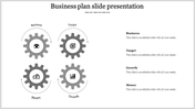 Gray themed layout featuring four gears and icons for business goals, paired with textual explanations on the right.