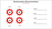 Four red gears with icons for business, target, money, and growth linked by arrows placed in white backdrop.
