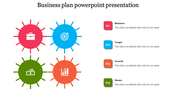 Colorful business plan slide with icons for business, target, growth, and money placed with caption areas for each.