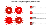 A red themed PPT slide featuring circular icons for Business, Target, Growth, and Money, with labeled sections for each.