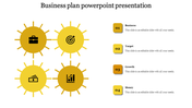 Orange themed business plan layout with icons in circular frames and numbered captions for clear concept representation.