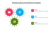 Circular infographic with red, blue, and green icons for business, target, and growth with caption areas in a white backdrop.