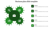 Green circular layout with a central dark green circle surrounded by four smaller green icons, paired with five text boxes.