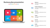 Puzzle pieces represent the interconnected parts of a successful business plan with colored icons with placeholder text.