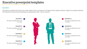 Executive template with pink and teal silhouettes in the center, surrounded by eight labeled sections with text and icons.