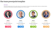 Slide showcasing a team slide featuring four individual profiles, each with space for a name, destination, and icons.