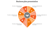 Business template with a radial chart divided into six orange sections, featuring icons and labels.