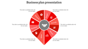 Business plan slide featuring a red wheel divided into sections, each representing a business concept with icons.