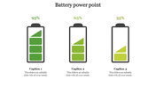 Battery PowerPoint slide showing three battery icons and charge levels with corresponding captions below.