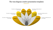 A creative yellow and grey shaded Venn diagram PowerPoint template with six sections labeled Caption 1 through 6 with text.
